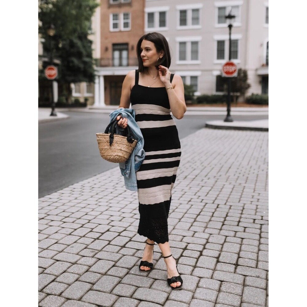 Evereve Black and Cream Striped Knit Midi Dress